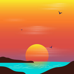 Fototapeta na wymiar Flat sunset, sunrise beach landscape background