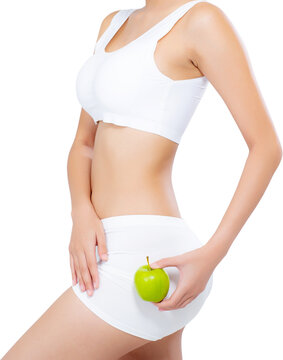 Closeup asian woman holding green apple fruit shape heart and beautiful body diet with fit, girl weight slim with cellulite or calories, health and wellness concept.