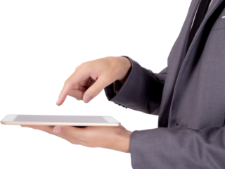 Young businessman using digital tablet computer, man holding tablet for communication with success, manager or executive confident touch tablet, business concept.