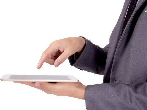 Young businessman using digital tablet computer, man holding tablet for communication with success, manager or executive confident touch tablet, business concept.