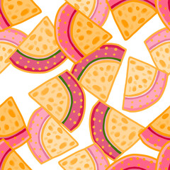 Hand drawn watermelon slices seamless pattern. Funny fruit backdrop.