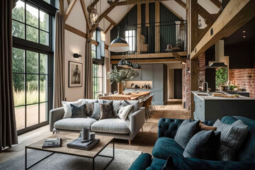 A converted barn that's been transformed into a stunning modern living space, complete with soaring ceilings and industrial-style accents - Generative AI - obrazy, fototapety, plakaty