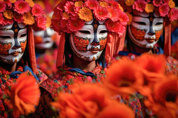 A group of traditionally dressed dancers performing the ancient mask dance amidst a sea of bright red marigold petals at the Paro Tshechu festival - Generative AI