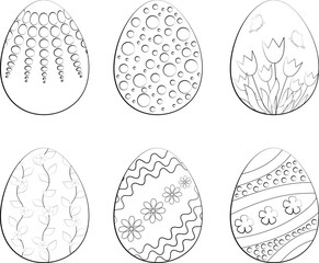 Set of Easter eggs with different ornaments for coloring and design. Black and White Lineart.