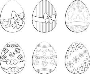 Set of Easter eggs with different ornaments for coloring and design. Black and White Lineart.