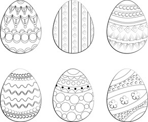 Set of Easter eggs with different ornaments for coloring and design. Black and White Lineart.