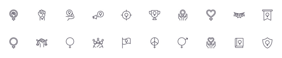 Collection of modern feminism outline icons. Set of modern illustrations for mobile apps, web sites, flyers, banners etc isolated on white background. Premium quality signs.
