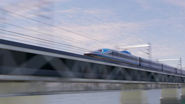 High speed bullet train crossing elevated bridge over water