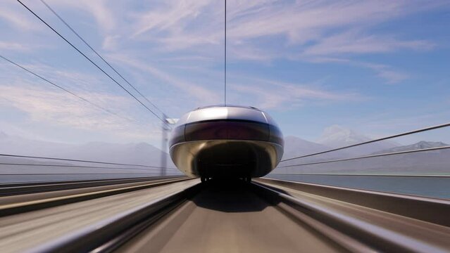 Fast Modern High-speed bullet Train Crossing Bridge with Mountains in Background