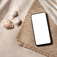 Mobile phone mock up with copy space on neutral beige background, aesthetic summer vacation...