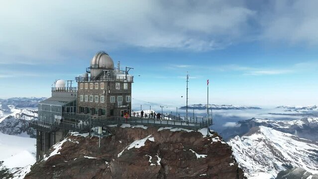 Aerial panorama view of the Sphinx Observatory on Jungfraujoch - Top of Europe, one of the highest observatories in the world located at the Jungfrau railway station, Bernese Oberland, Switzerland.