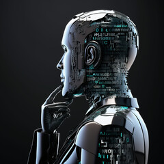 cyborg with code, chatbot chat AI concept, artificial intelligence side view AI smart robot technology inputting commands to analyze data, future technology change by Generative AI