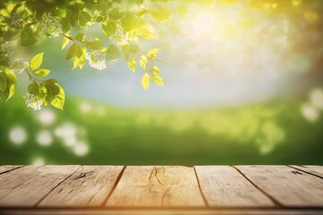 Naklejka na ściany i meble Beautiful spring background with green leaves and empty wooden table in nature outdoors.. Natural place with bokeh and sunlight. Picnic concept. Generative AI