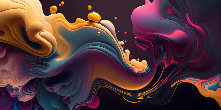 Color splash background in trendy color, fluid art. Full color flow wave trendy background. Background for screen saver, presentation, brochure, booklet, poster. Created by AI illustration, horizontal