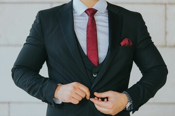 Closeup shot of a man buttoning his black business suit