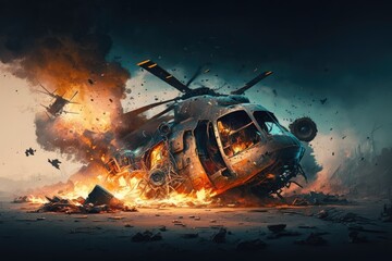 Plane Wreck. Helicopter on fire that crashes to the ground. Helicopter was taken down. Embellished with a plaything against a flame filled backdrop. Generative AI