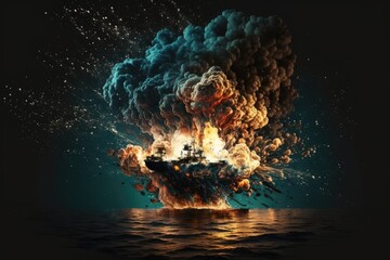 Gasoline explosion on the sea at night. Generative AI
