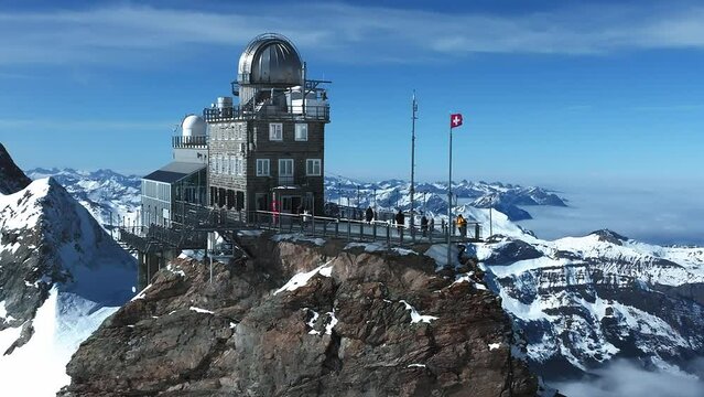 Aerial panorama view of the Sphinx Observatory on Jungfraujoch - Top of Europe, one of the highest observatories in the world located at the Jungfrau railway station, Bernese Oberland, Switzerland.