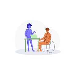 Adaptation of people with disabilities. The concept of inclusion, diversity and equality. A man in a wheelchair at his workplace.