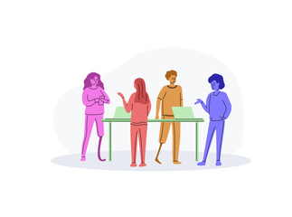 Adaptation of people with disabilities. The concept of inclusion, diversity and equality. A woman with a prosthesis and a man with a prosthetic leg work in the office