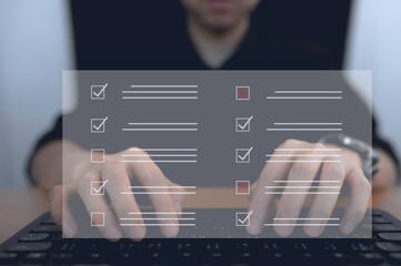 Answer the test questions.,Businessman Take an assessment, questionnaire, evaluation, online...