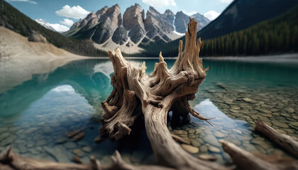 Driftwood lies on the edge of a lake with mountains in the background. Photorealistic illustration generated by AI.