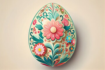 Folk art style easter egg with pastel colors and flower background. Generative AI.