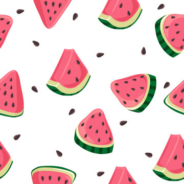 Seamless pattern with watermelon slices and brown seeds. Modern print for fabric, textiles, wrapping paper. Vector illustration