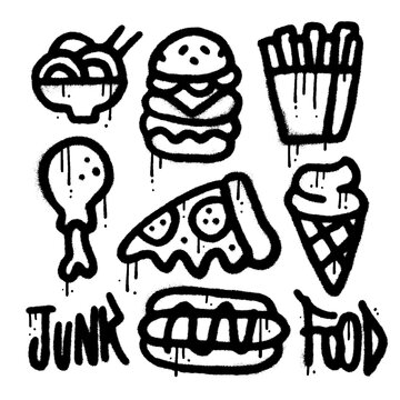 Set of junk food elements in urban graffiti style. Noodle, burger, french fries, pizza, ice cream, hot dog and chicken leg. Spray textured vector illustration for t-shirts, banners