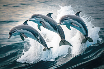 A playful group of bottlenose dolphins leaping out of the water, captured in mid-air - Generative AI
