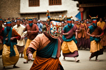 A group of monks performing a traditional mask dance amidst a sea of onlookers at the Paro Tshechu - Generative AI