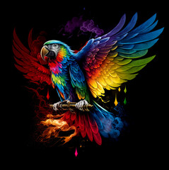 Colorful parrot on a black background with music notes. illustration. Generative AI