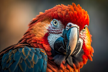 Obraz premium Beautiful macaw parrot bird on nature background, close up. Generative AI