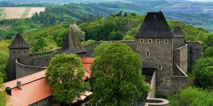 The tower at the entrance to the castle ruins from the lookout tower. Helfstyn. Central Moravia. Czechia.