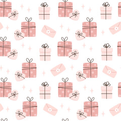 Seamless pattern with with gift boxes, envelope in flat style