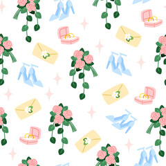 Wedding seamless pattern with bridal bouquet, invitation and wedding rings in flat style