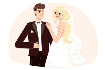Bride with a bouquet of flowers and groom at the wedding, flat style illustration