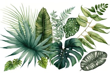 Green tropical palm leaves in a floral arrangement, watercolor botanical drawing, isolated on white. Generative AI