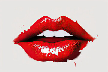 The woman's lush and pouting red lips like a kiss on a white background.