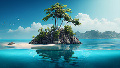 Fototapeta na wymiar Realistic beautiful palm tree on tropical island beach background, Generative AI