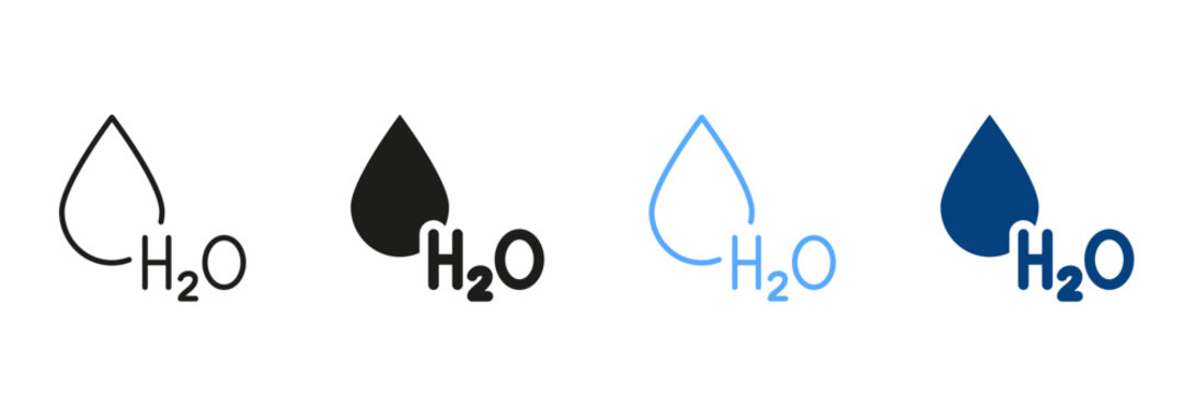 H2O Silhouette and Line Icon Set. Water Drop Black and Color Sign Collection. Chemical Formula for Water. Symbol of Fresh Aqua Symbols. Isolated Vector Illustration