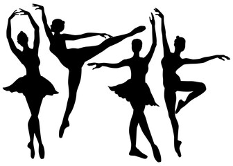 バレエポーズのシルエットセット 全身正面 横向きのイラスト バリエーション