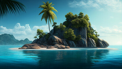 Naklejka na ściany i meble Realistic beautiful palm tree on tropical island beach background, Generative AI
