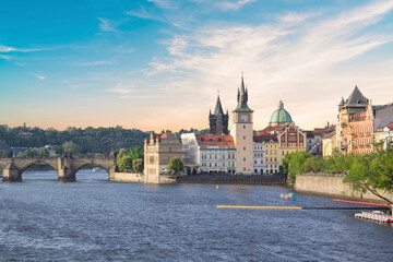 Naklejka premium Beautiful view of Charles Bridge, Old Town, and Old Town Tower of Charles Bridge, Czech Republic
