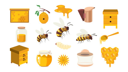 Honey cartoon collection. Beekeeping sweet elements, honeybee beeswax beehive honeycomb, organic bee apiculture products. Vector flat set - obrazy, fototapety, plakaty