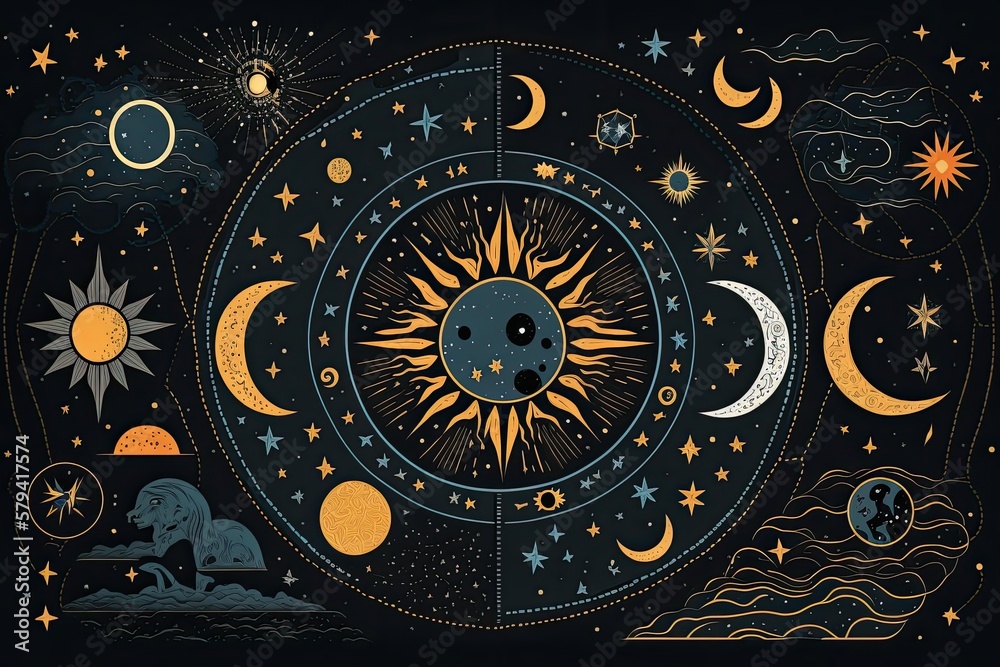 Sticker A mystical and astronomical seamless pattern including celestial bodies like planets, constellations, the moon, stars, and the sun. illustration that is easily editable. Generative AI