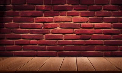 empty wooden table with floor, brick background, table for product demonstration