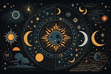 A mystical and astronomical seamless pattern including celestial bodies like planets, constellations, the moon, stars, and the sun. illustration that is easily editable. Generative AI