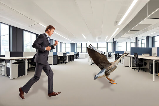 Idiom, On a wild goose chase, Business man chasing goose through office, created with Generative AI technology
