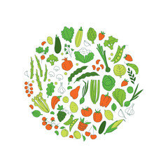 Round background pattern of organic farm fresh fruits and vegetables